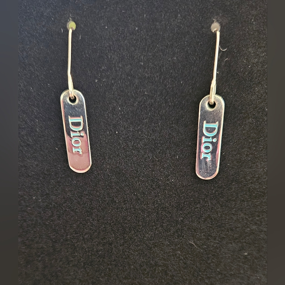 Christian Dior Dangle Hook Earrings Silver Blue